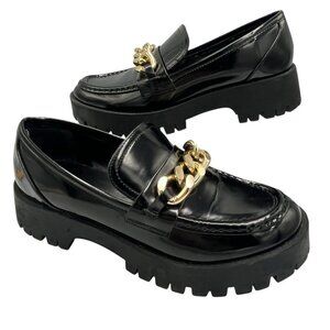 GUESS Womens 8.5 M Hillford Chunky Black Patent Leather Platform Loafer Lug Sole
